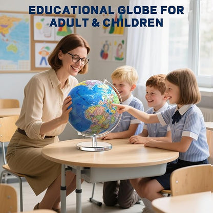 13 Inch Large World Globe for Adult, Educational Globe for Children, Colorful HD World Map Details for Kids Learning, Illuminated Globes Lamp for Kids Gift and Bedroom Office Decor