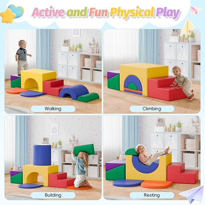 MU ‌Soft Climbing Toys for Toddlers, 7-Piece Baby Soft Foam Climbing Blocks, PU Leather Gym Climb and Crawl Activity Play Set, Indoor Climbing Toys for Kids and Children, Classic
