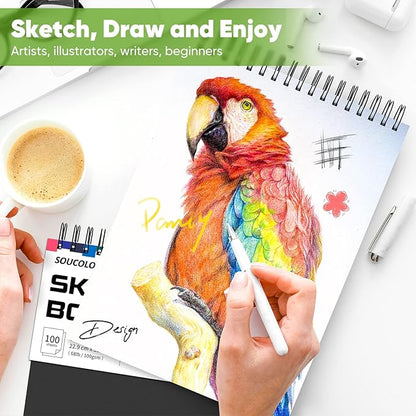 Soucolor Sketch Book, Spiral Bound Acid-Free Sketchbook with 68lb/100gsm for Paper Painting, Drawing, Writing, Artist Sketching Pad for Kids, Adults & Teens, 100 Sheets (Black, 9 x 12 Inch, Pack of 1)