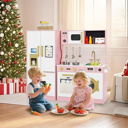 Play Kitchen Sets for Kids, Pretend Wooden Kids Kitchen Playset, Interactive Toy Kitchen with Freezer, Washing Machine, Ice Maker & Large Storage Space, for Boys Girls Ages 3+, Pink