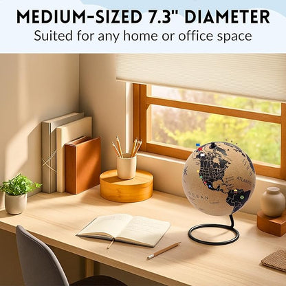 Medium Cork Globe 9.4" Tall | World Travel Map with Metallic, Colored & National Flags Push Pins | 3D World Map Pin Board for Home or Office | Unique Gift for Travelers, Couples & Families | Push Pin Map