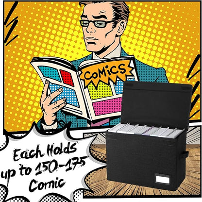 Chuangdi 6 Pcs Comic Book Storage Boxes, Back to School Collapsible Comic Short Box Case with Lid, 15.8 x 7.9 x 11.4 Inch Book Bin Container Holds 150 Comics(Black)