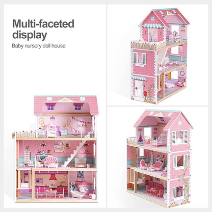 ROBOTIME Wooden Dollhouse, Doll Houses Playset with 24 Pcs Furniture for 4, 5, 6-Inch Dolls, Dollhouse Gift for 3+ Year Old Girls (Pink)