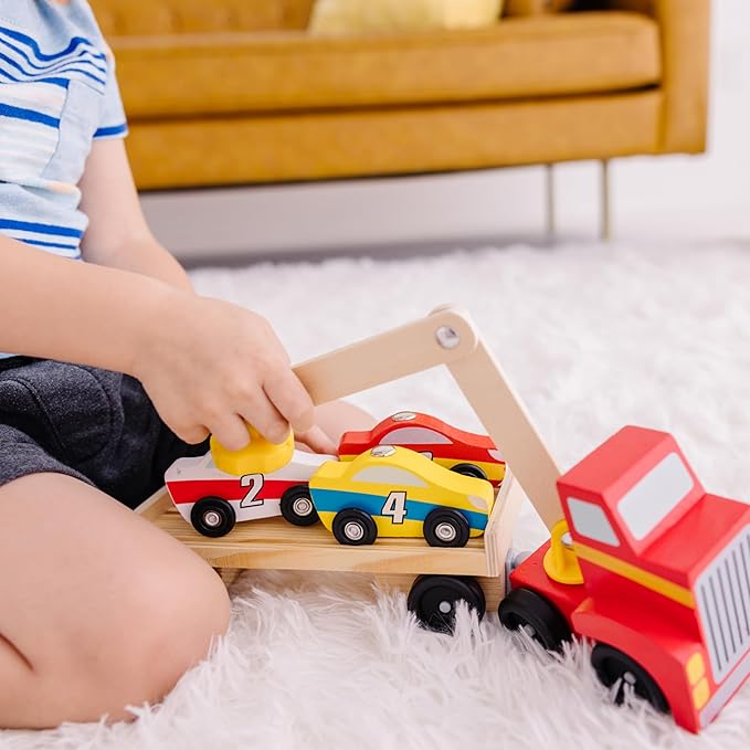 Melissa & Doug Magnetic Car Loader Wooden Toy Set with 4 Cars and 1 Semi-Trailer Truck Crane Wooden Toy, Vehicle Toys for Kids Ages 3+