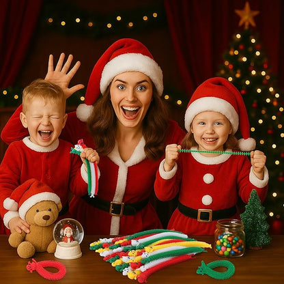 32 Pcs Christmas Stretchy Strings Fidget Toys, Colorful Stretchy Fidgets Sensory Toys, Stress Relief Stretch Sensory Bracelet String with Xmas Tree Santa Claus Snowman Elk for Party Favors (Convex)