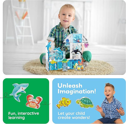 PicassoTiles Magnet Tiles Magnetic Building Blocks Aquarium Marine Animal Theme Set with 8 Character Action Figures Shark Crab Turtle STEM Toys Construction Preschool Toddlers Kids Boys Girls 3+ PTQ15