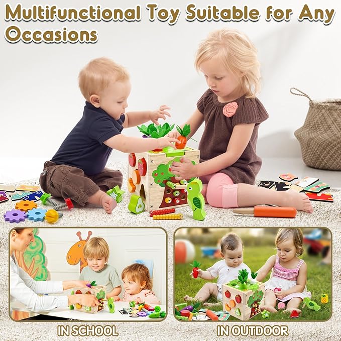 Baby Wooden Activity Cube Montessori Toys for Boys Girls Birthday Gifts, 5 in 1 Early Educational Learning Fine Motor Skill Game Toys for Toddlers Kids 18 24 Month Christmas Stocking Stuffers