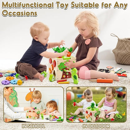 Baby Wooden Activity Cube Montessori Toys for Boys Girls Birthday Gifts, 5 in 1 Early Educational Learning Fine Motor Skill Game Toys for Toddlers Kids 18 24 Month Christmas Stocking Stuffers