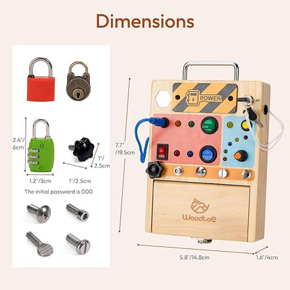 Woodtoe 3-in-1 Busy Board with LED Light Switch, Montessori Toys for 3 4 5 Year Old, Montessori Screwdriver Board Set, Lock and Key Toy, Preschool Learning Sensory, Fine Motor STEM Toys for Toddlers