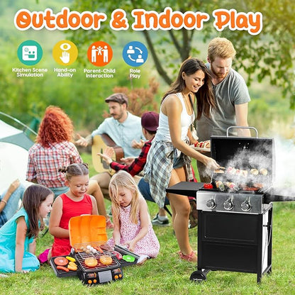 CUTE STONE Cooking Toy BBQ Set, 2 Layers Kids Grill Playset with Play Food, Pretend Smoke Sound and Light, Kitchen Accessories Utensils Toy, Outdoor Camping Barbecue Toys Gift for Toddlers Girls Boys