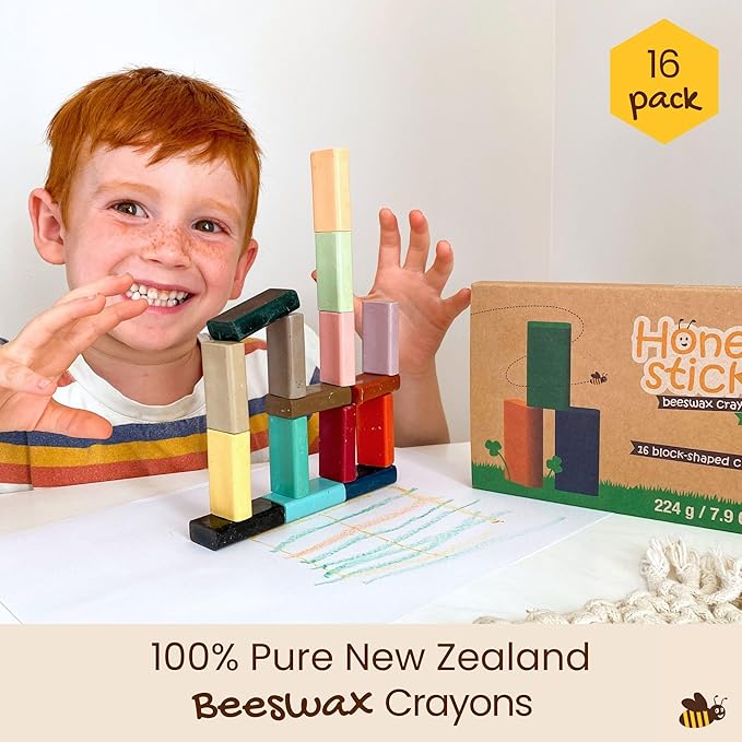 Honeysticks Block Crayons (16 Pack), Non-Toxic, Long-Lasting Jumbo Crayons for Kids, Toddlers, Made from Pure Beeswax and Food-Grade Colors, Ideal for Preschool Art Supplies