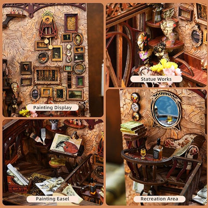 Book Nook Kit, DIY Miniature Dollhouse Booknook Kit, 3D Wooden Puzzle Bookend Bookshelf Insert Decor with LED Light for Teens and Adults, Painter's Day at Dusk