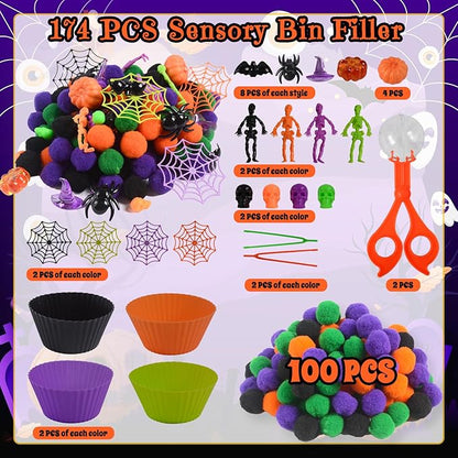 174Pcs Halloween Sensory Bin Filler Fine Motor Toys Horror Sensory Bin Items 100 Pompoms 8 Acrylic Pumkins 8 Witch Hats 8 Spiders 8 Bats 8 Skeleton Men 8 Skull 8 Spider Web 4 Foam Pumkins