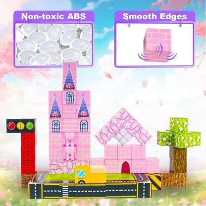 Magnetic Blocks 96 PCS Magnet World Princess Pink Castle World,Toys for 3+ Years Old Girls Boys, Montessori Sensory STEM Preschool Outdoor Toddler Toys, Christmas Birthday Gifts for Kids
