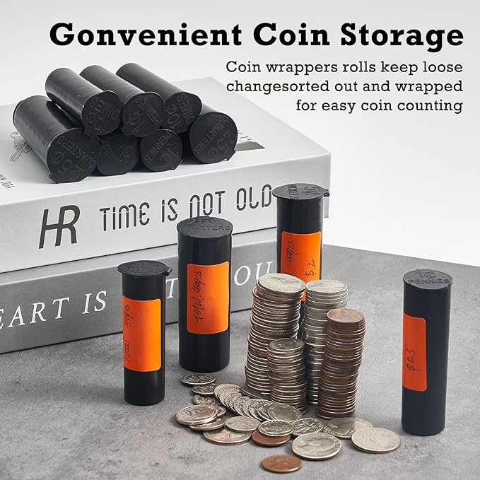 Coin Storage Tubes Set, 40 Pieces per Tube, Quarters, Sturdy Black Design，a Box 25 pcs