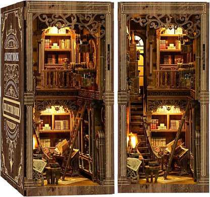 Book Nook Kit - DIY Miniature Dolls House Kit with Furniture and LED Light, 3D Puzzle Wooden Art Bookends, Model Kits for for Adults and Teens (Ancient Books)