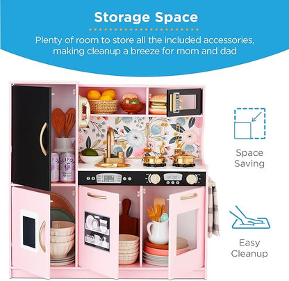 Best Choice Products Pretend Play Kitchen Wooden Toy Set for Kids w/Realistic Design, Telephone, Utensils, Oven, Microwave, Sink - Pink Floral