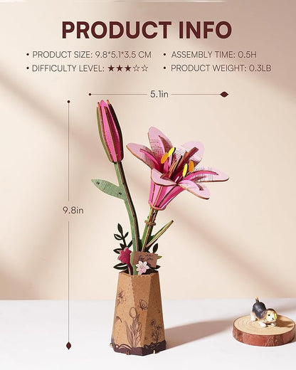 3D Flower Wooden Puzzles for Adults-Pink Lily, DIY Wooden Flowers Model Kit Building Set Crafts for Adults to Build, Botanical Collection/Ideal Creative Gift Ideas/Housewarming (73PCS)