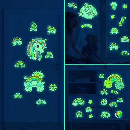 Glow in The Dark Unicorn and Rainbow Wall Decals, Stars Stickers for Baby Girls Room, Luminous Ceiling Decor for Bedroom Playroom Nursery