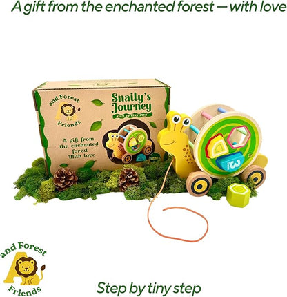 Snaily's Journey – Step by Tiny Step | Wooden 2-in-1 Pull Toy & Removable Shape Sorter Drum | Educational Animal Pull-Along for Toddlers | Fine Motor Skills Development | Gift for Boys & Girls