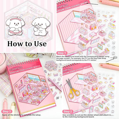 Scene Sticker Book for Kids, 20 Sets of 3D Sticker Scenes for Adults Fun Mini Cute Kawaii Stickers Therapy 3D Scenes 3D House Stickers Set Relief Stress Pass The Time