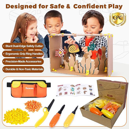 Cardboard Construction Tools Kit 124-Pieces with Waist Bag, Safety Ring Saw, Screwdriver, Waist Bag and Gift Box – Safe DIY Construction Kit for Children’s Creative Building & Crafting