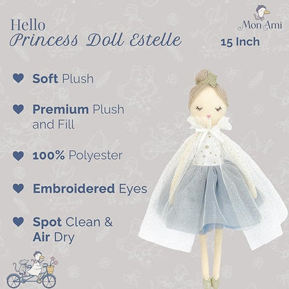 MON AMI Princess Doll Estelle – 15”, Soft & Elegant Stuffed Plush Princess Doll, Use as Toy or Room Decor, for Kids of All Ages