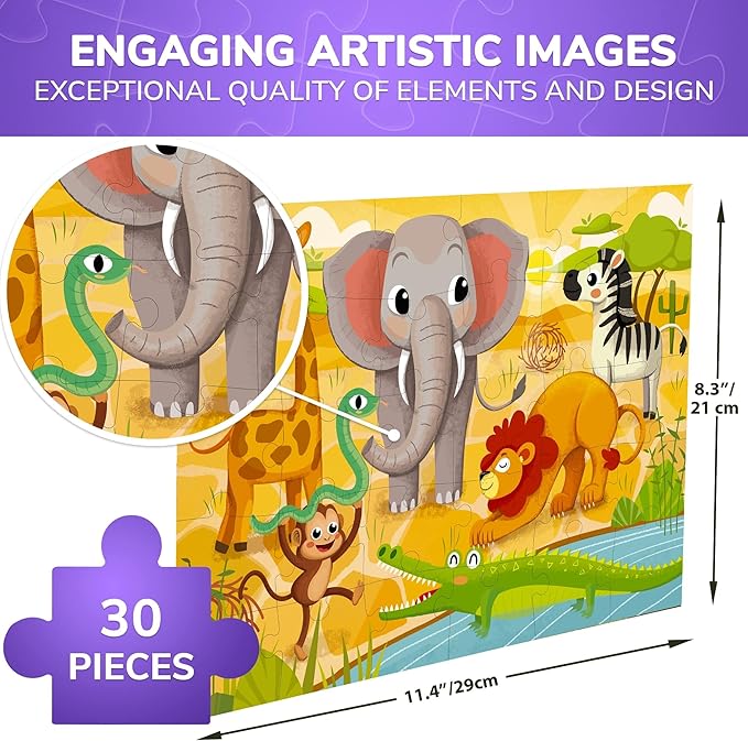 QUOKKA Puzzles for Kids Ages 3-5 - 30 Pieces Puzzles for Toddlers 2-4 - Africa Animals Learning Jigsaw Puzzles for Kids 4-6 Years Old - Educational Toys for Boy and Girl
