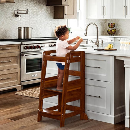 TOETOL Bamboo Toddler Kitchen Step Stool Helper Standing Tower Height Adjustable with Anti-Slip Protection