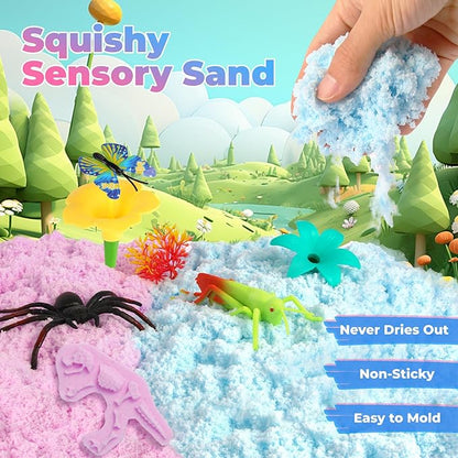 FIIOEOY Flower Garden Sensory Bin, Sensory Play Sand Kit with DIY Flower Garden Building Toys, Bug Figures & Sand Molds, Pretend Play Sandbox Birthday Gift for Girls Boys 3 4 5 Years Old