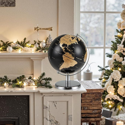 8" World Globe, Black Earth Globe with Gold Accents, Metal Stand, Non-slip Base & Time Zone, Decorative Tabletop Desk Globes for Classroom, Office & Home