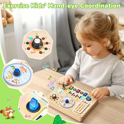 JoyCat Busy Board with Led Light, Toddler Toys for 1 2 3 4 Year Old Boys and Girls, Wooden Sensory Toys with Music, Travel Toy for Toddlers 1-3, Birthday Presents (Yellow)