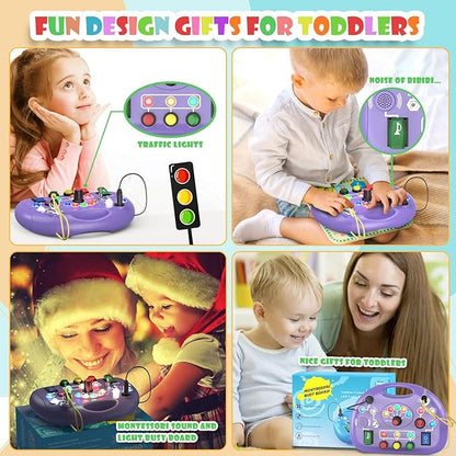 Toddler Baby Busy Board with LED Light, Montessori Busy Board for 1+ Year Old, Baby Sensory Board Toddler Travel Toys for Preschool Learning Activities Boys & Girls Birthday (Purple)