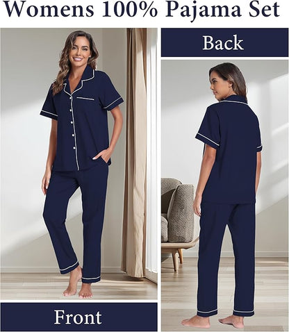 CF Womens 100% Cotton Pajamas Set Button Down Pjs Sets Short Sleeve Top & Long Pants Sleepwear Comfy Loungewear with Pockets
