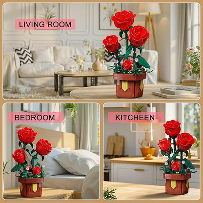 Roses Flowers Botanical Building Blocks Set,Artificial Plants Bonsai Building Toys with Pot,Indoor Display for Home Office Decor,Christmas Birthday Gift for Adult Women Girls Age 8-12(307Pcs)