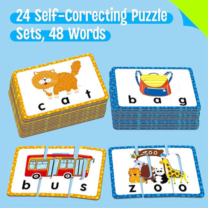 24 Set 3-Letter Word Puzzle Cards, 72 PCS Self Correcting Word Spelling Puzzles, Double Sided Puzzle Cards for Kindergarten Preschool Learning