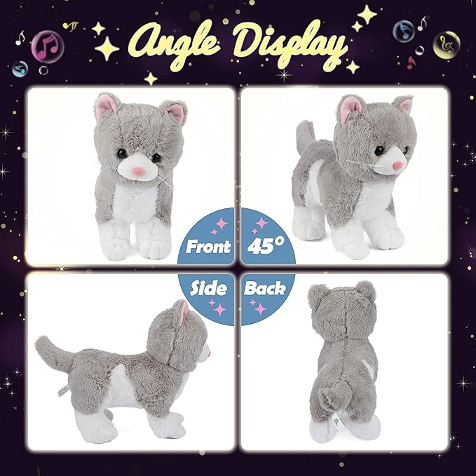 Hopearl LED Musical Stuffed Kitty Light up Singing Plush Cat Adjustable Volume Lullaby Animated Soothe Birthday Gifts for Kids Toddler Girls, Grey, 13.5''