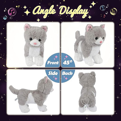 Hopearl LED Musical Stuffed Kitty Light up Singing Plush Cat Adjustable Volume Lullaby Animated Soothe Birthday Gifts for Kids Toddler Girls, Grey, 13.5''