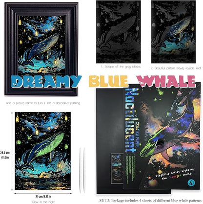 Adult Crafts Glow in The Dark, Scratch Art Rainbow Painting Paper 8 Sheet with Tools, Landscape Scratchboard for Teens & Adults Fun Creative Craft Toy/Gifts/Decor(A4-Noctilucent Butterfly, Whale)