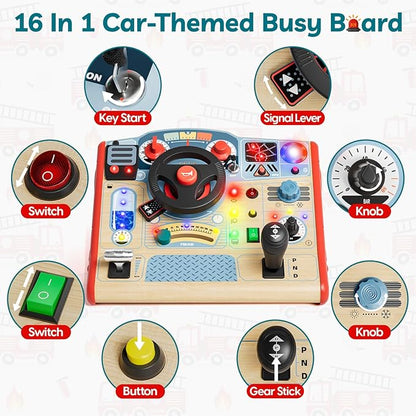 TOP BRIGHT Busy Board with LED Light, Sensory Toys with Sounds & Switches, Montessori Wooden Toys for 3 4 5 Year Old, Car Driving Toy for Toddler Boy, 3 Year Old Girl Boy Gifts for Birthday Christmas