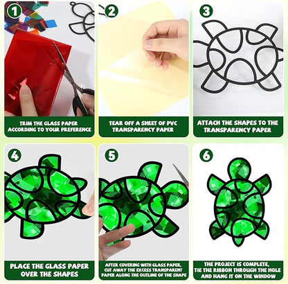 QOUBAI 32 Sets Turtle Suncatchers Craft Kit DIY Window Stained Glass Effect Sea Animals Paper Crafts for Home School Classroom Decoration Kid Ocean Sea Birthday Gift Creative Art Project Activity Game