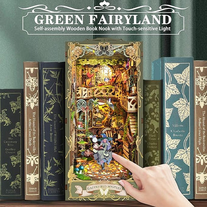 DIY Book Nook Kit, DIY Miniature Dollhouse Kit for Adults and Teens, Book Nook Bookshelf Insert Decor 3D Wooden Puzzle Bookend Miniature Kit with Sensor Light Creative Craft (Green Fairyland)