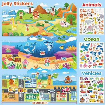 ASTARON 3 Pack Reusable Sticker Books for Kids, Cute Waterproof Dinosaurs Animals Vehicles Stickers, Portable Travel Toys and Educational Sensory Learning Toys (3-6 Age)
