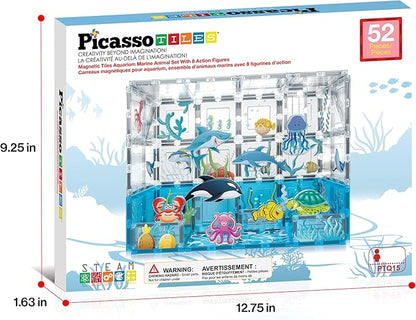 PicassoTiles Magnet Tiles Magnetic Building Blocks Aquarium Marine Animal Theme Set with 8 Character Action Figures Shark Crab Turtle STEM Toys Construction Preschool Toddlers Kids Boys Girls 3+ PTQ15