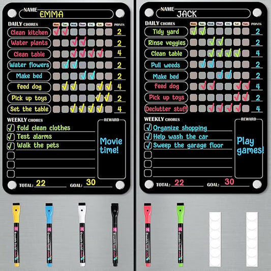 Acrylic Magnetic Chore Chart for Kids Multiple Kids, Clear Chore Board for Fridge Refrigerator, Behavior Reward Responsibility Chart, 2 Dry Erase Chores Chart for Kid with 6 Markers & Anti-Scratch Pad