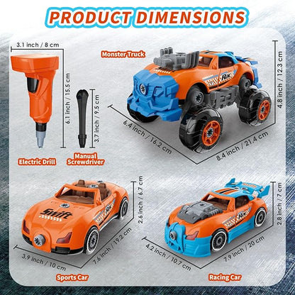 3-in-1 Take Apart Car for Boys Ages 3 4 5 6 7, Building Toys with Electric Drill, 43 Pcs Construction Toy Truck, Build Your Own Car with Play Tools, Ideal STEM Gift for Kids Children (Orange)