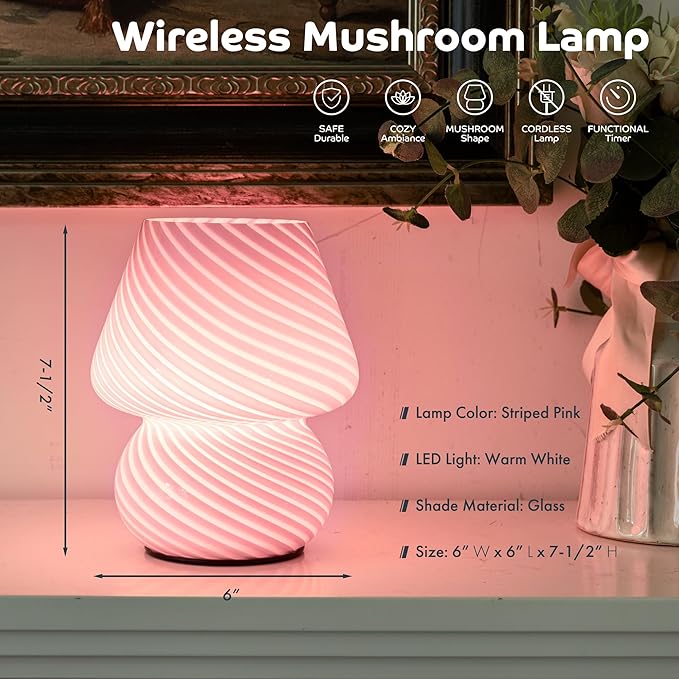 Battery Operated Mushroom Lamp-Cute Small Pink Aesthetic Table Lamp with Timer,Cordless Bedside Lamp for Girl Gifts,Glass Decorative Lamp for Bedroom/Entryway/Shelf/Desk Decor/Dorm/Office