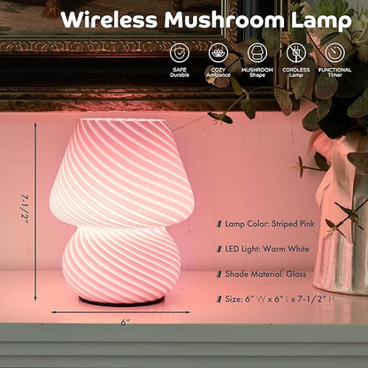 Battery Operated Mushroom Lamp-Cute Small Pink Aesthetic Table Lamp with Timer,Cordless Bedside Lamp for Girl Gifts,Glass Decorative Lamp for Bedroom/Entryway/Shelf/Desk Decor/Dorm/Office