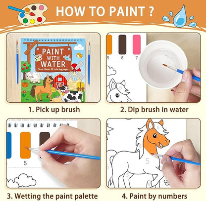 Paint with Water Coloring Books for Toddlers, Farm Theme Mess Free Watercolor Painting Papers for Kids Water Color Paint Kit Art Craft Gift for Ages 1-3, 4-8