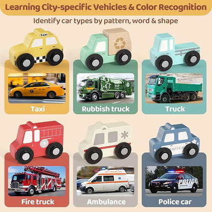 Wooden Toddler Puzzles,Montessori Puzzle for Toddlers 1-3,Montessori Toys for 1 2 3 Years Old Boys Girls Educational Toys with 6 Emergency and City Vehicles,Wooden Toy Cars for Toddler 1-3